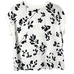 T. TAHARI RUFFLE CAP SLEEVE BLACK WHITE WOMEN SHORT SLEEVE BLOUSE SIZE LARGE NEW